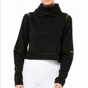 Alo black mesh cutout cowl neck crop sweatshirt